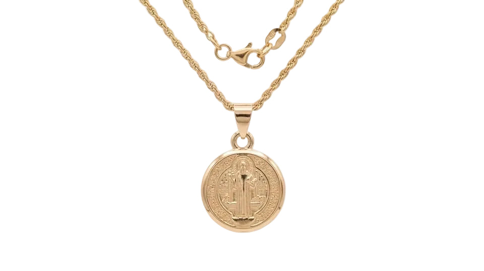 Medalla de San Benito de Oro Rosa con Cadena de Cuerda Trenzada - Símbolo de Fe y Protección