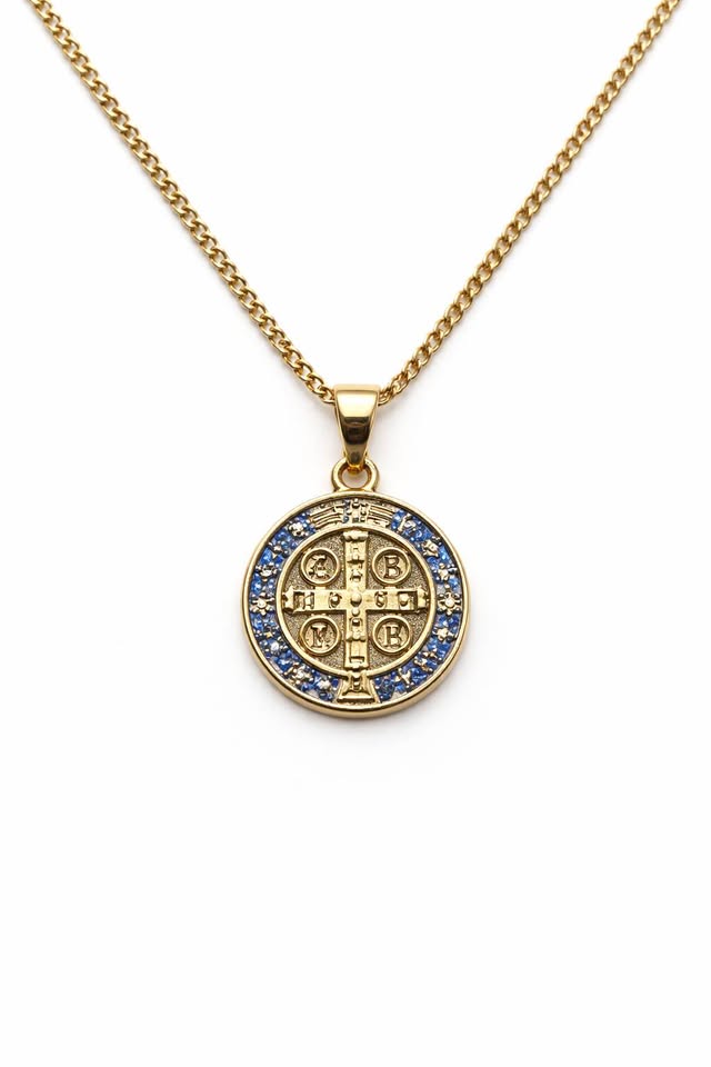 Collar Medalla de San Benito Dorado con Detalles Azules