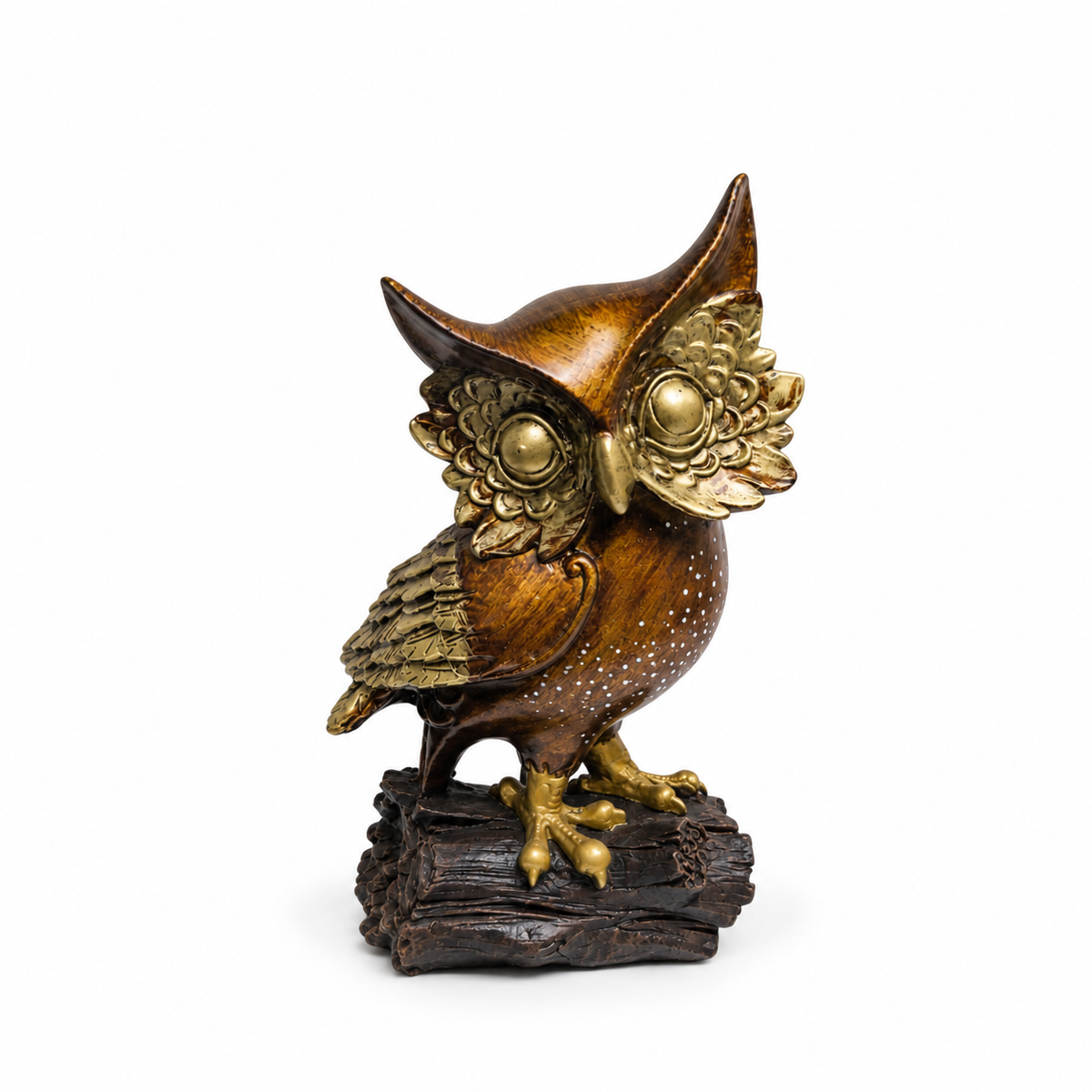Búho Decorativo de la Sabiduría en Rama – Marrón y Dorado – 17 cm