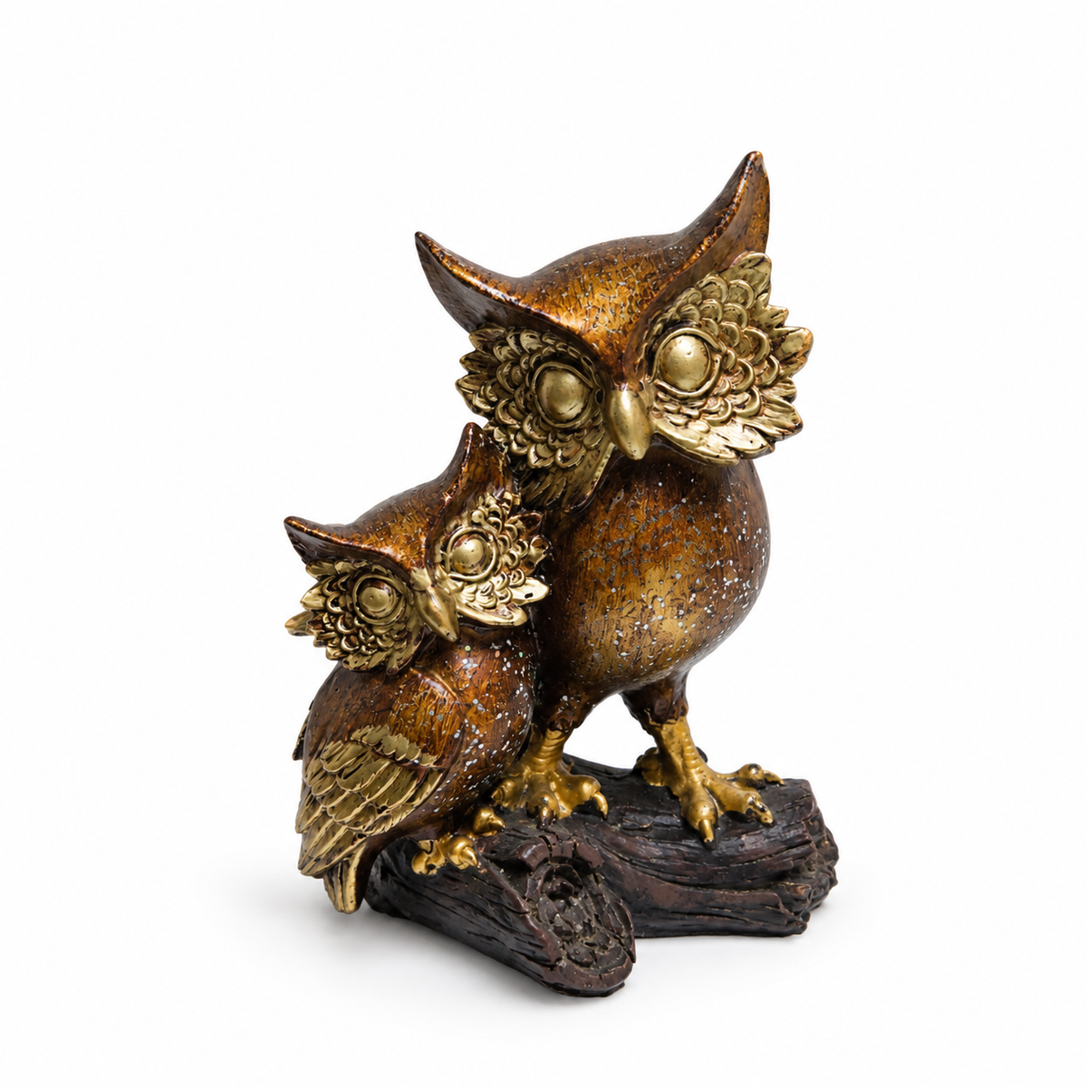 Pareja de Búhos Decorativos de la Sabiduría – Marrón y Dorado – 17 cm
