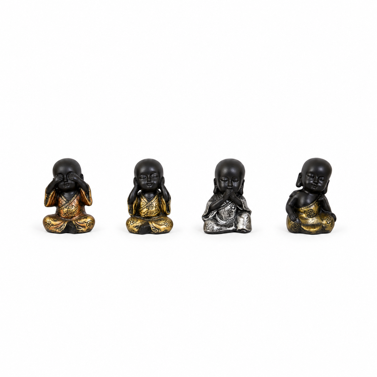 Set de 4 Monjes Budistas Decorativos Negro y Dorado – Sabiduría y Armonía