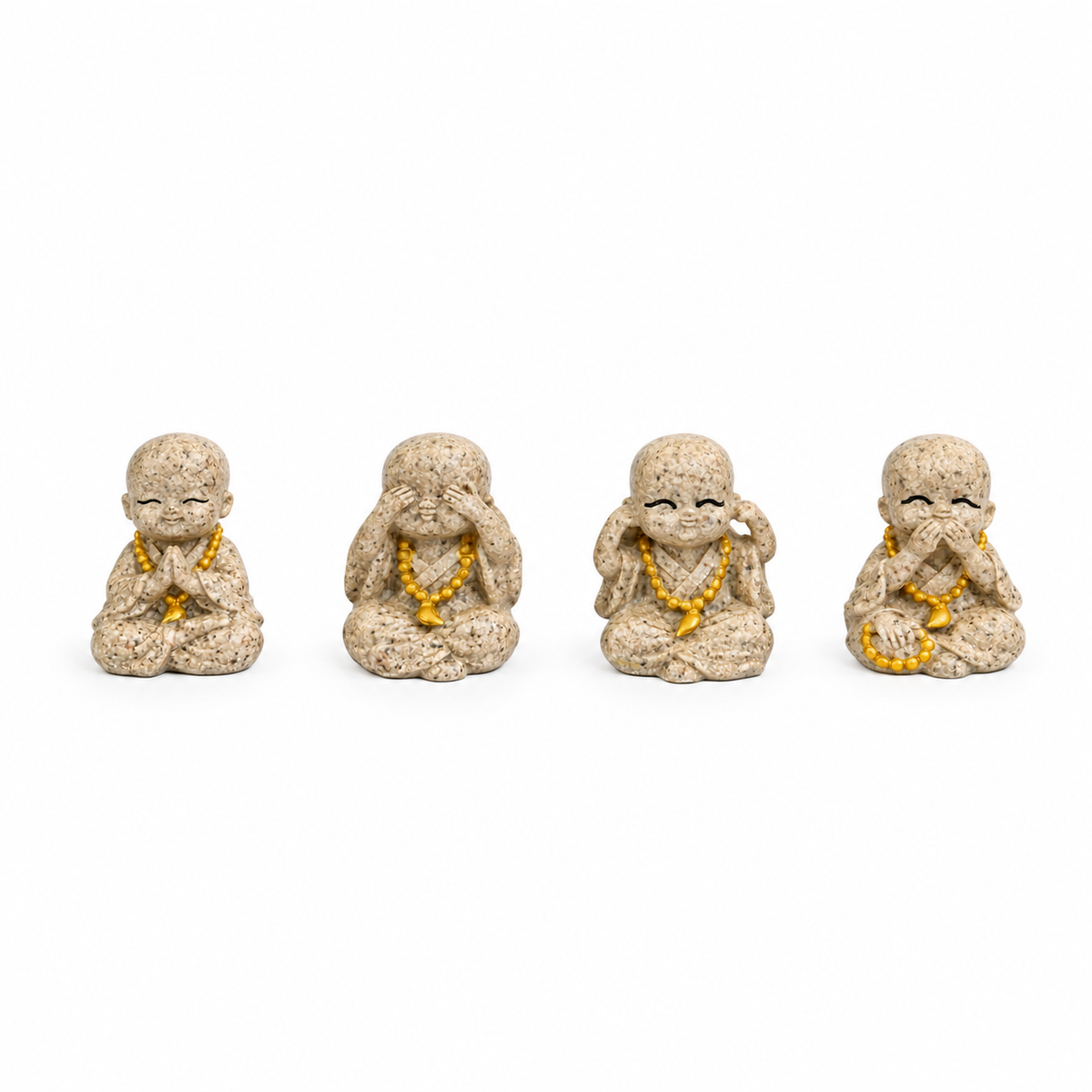 Set de 4 Monjes Arena con Japa Mala Dorado – Figuras Decorativas