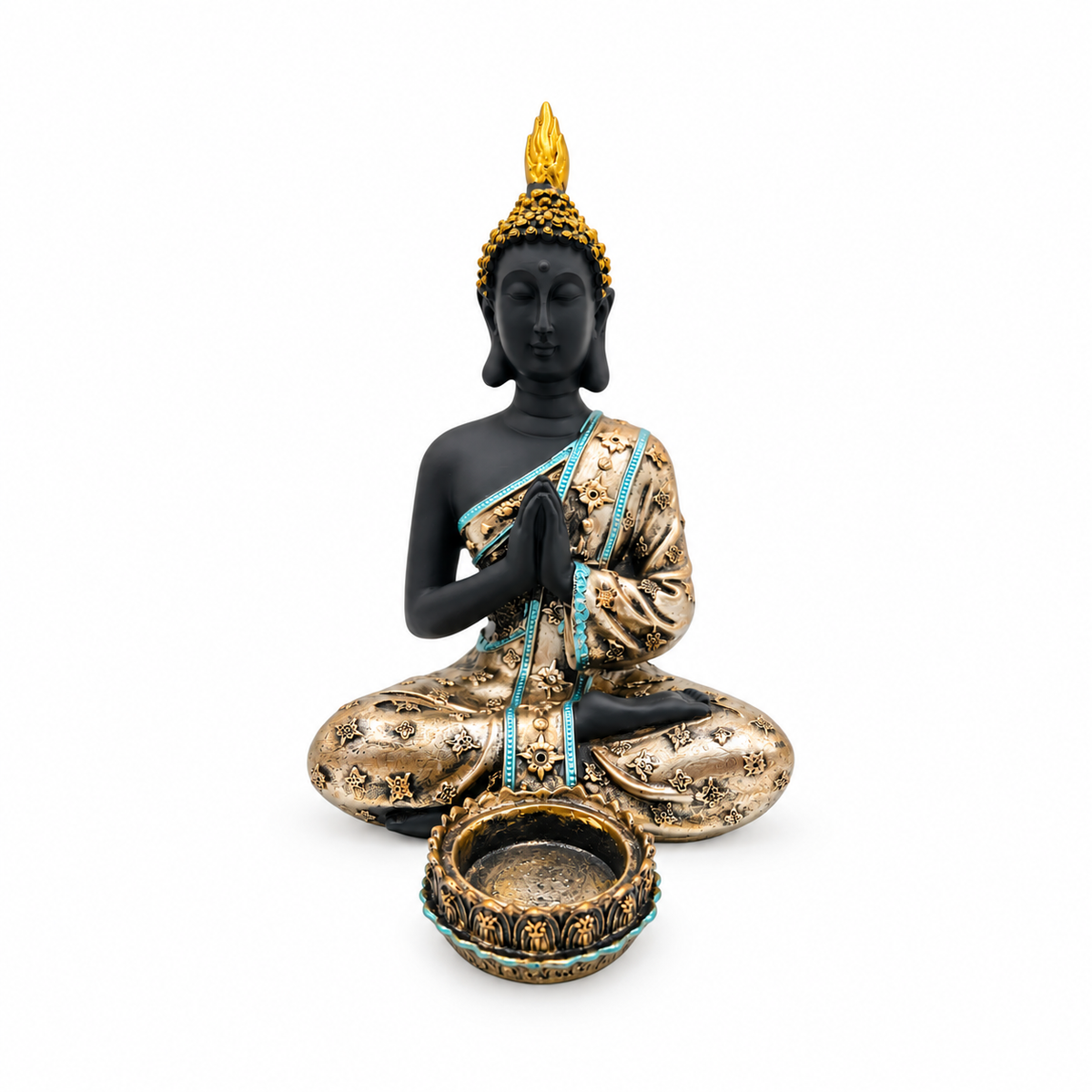Portavela Buda Gautama en Gesto de Oración – Negro, Dorado y Turquesa