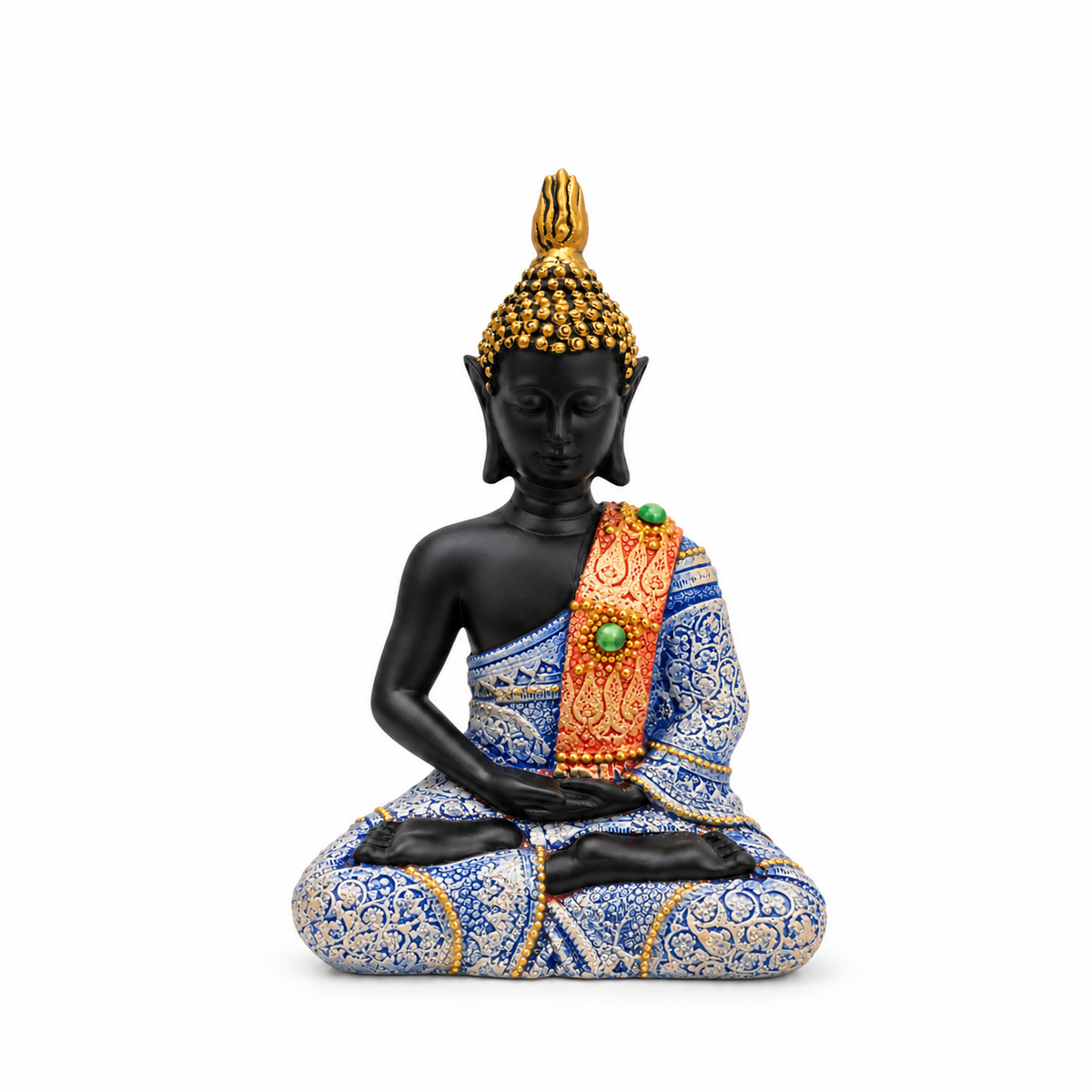 Buda de Meditación Negro con Vestimenta Azul – Figura Decorativa