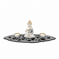 Portavelas Buda Meditando Blanco y Plateado – Set Decorativo con Bandeja