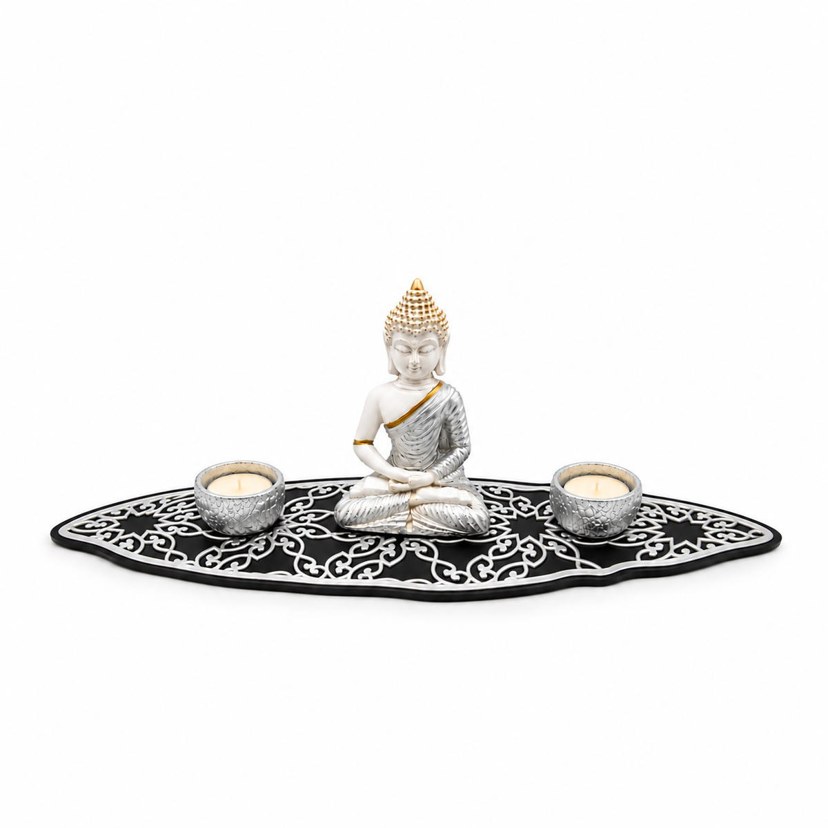 Portavelas Buda Meditando Blanco y Plateado – Set Decorativo con Bandeja