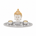 Portavelas Cabeza de Buda Blanco y Dorado – Set Decorativo con Bandeja
