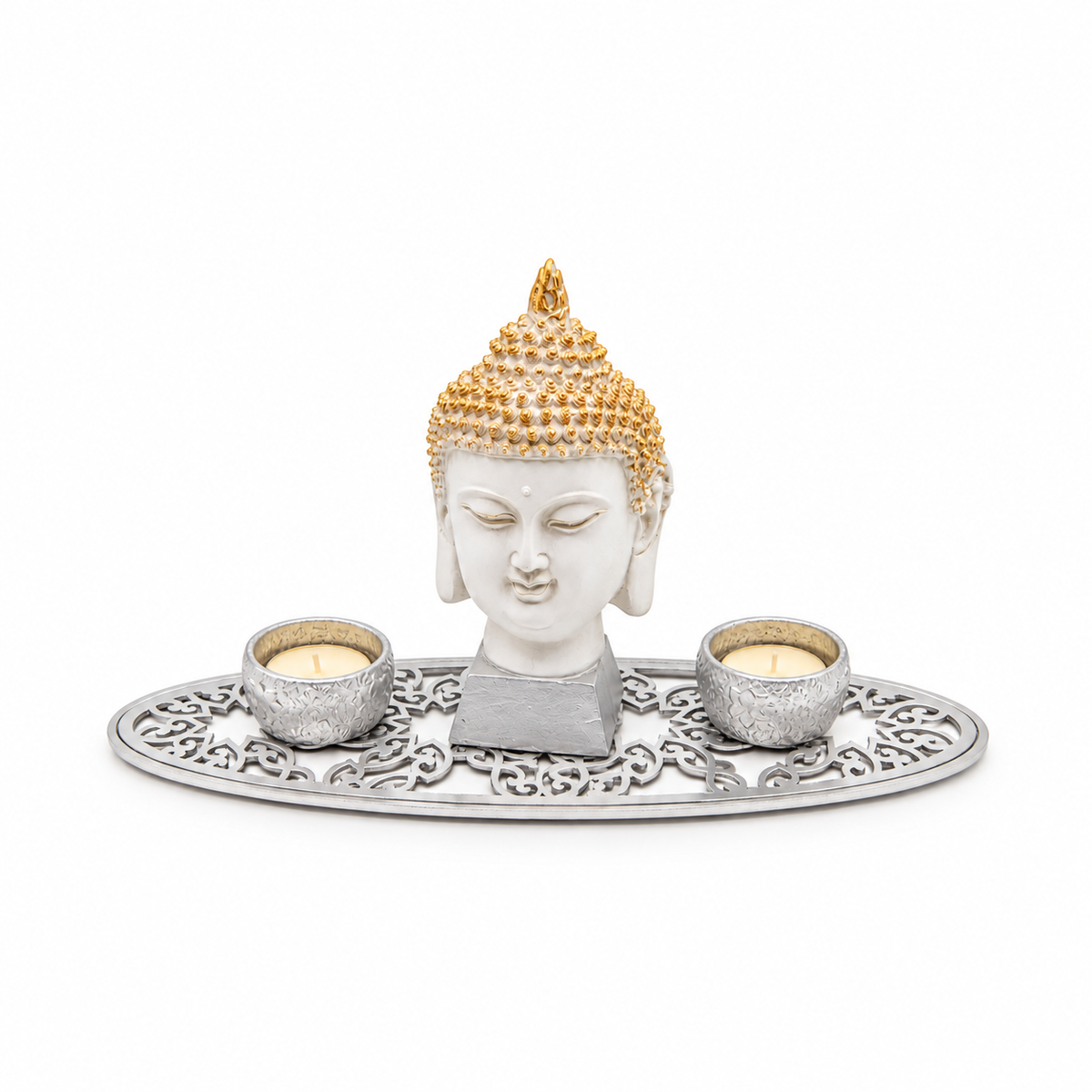Portavelas Cabeza de Buda Blanco y Dorado – Set Decorativo con Bandeja