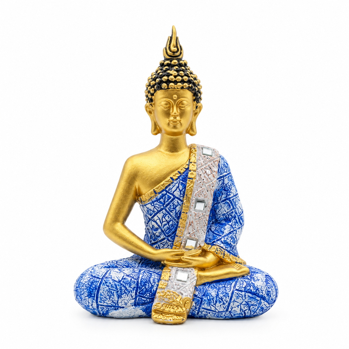 Buda Sentado en Meditación Azul y Dorado – Figura Decorativa