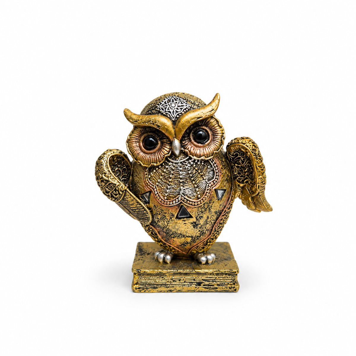 Búho Dorado Decorativo sobre Libro con Detalles Ornamentales 12 cm