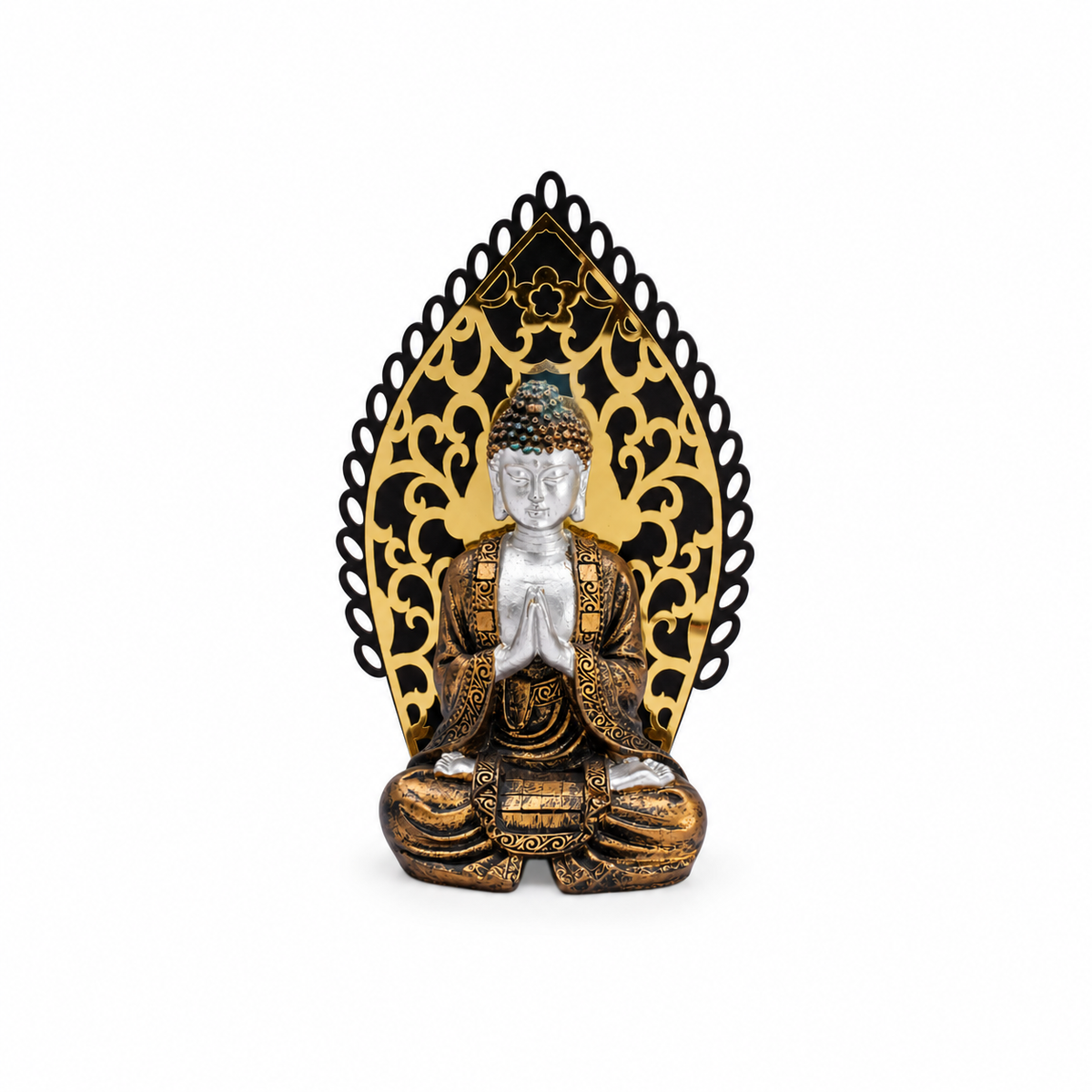 Buda Sentado con Manos en Oración y Aura Dorada – Figura Decorativa