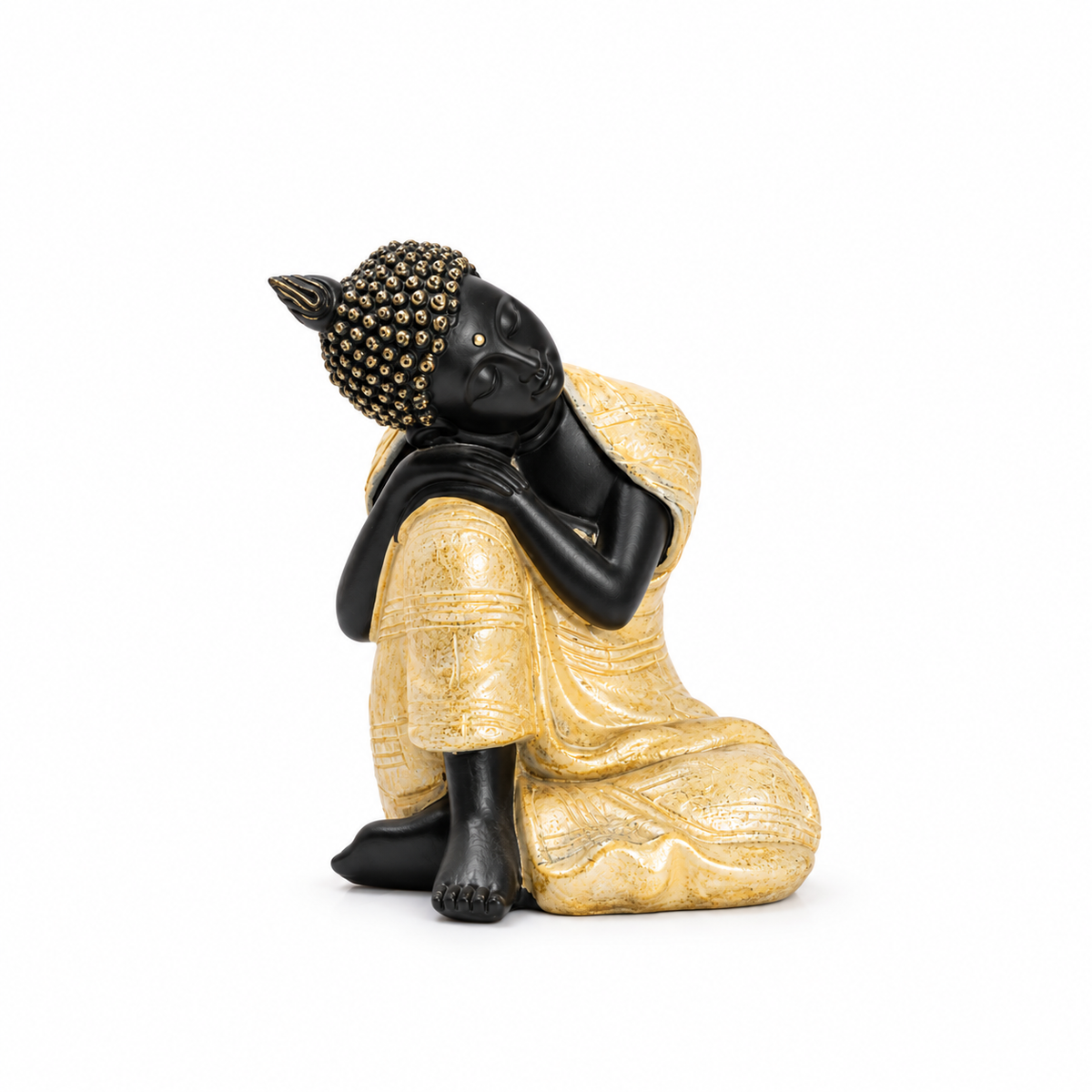 Buda Pequeño Negro y Dorado en Postura de Descanso – Figura Decorativa