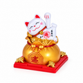Gato de la Fortuna Maneki Neko Blanco sobre Saco Dorado Grande – Prosperidad y Abundancia