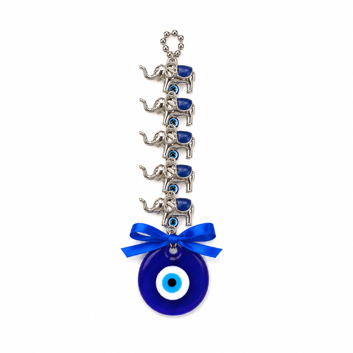 Colgante de Ojo Turco con 5 Elefantes para Protección y Buena Fortuna