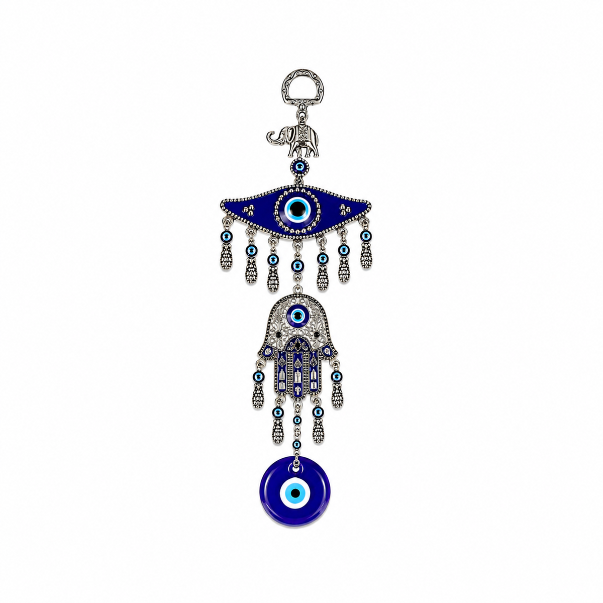 Colgante de Ojo Turco con Mano de Hamsa y Elefante para Protección