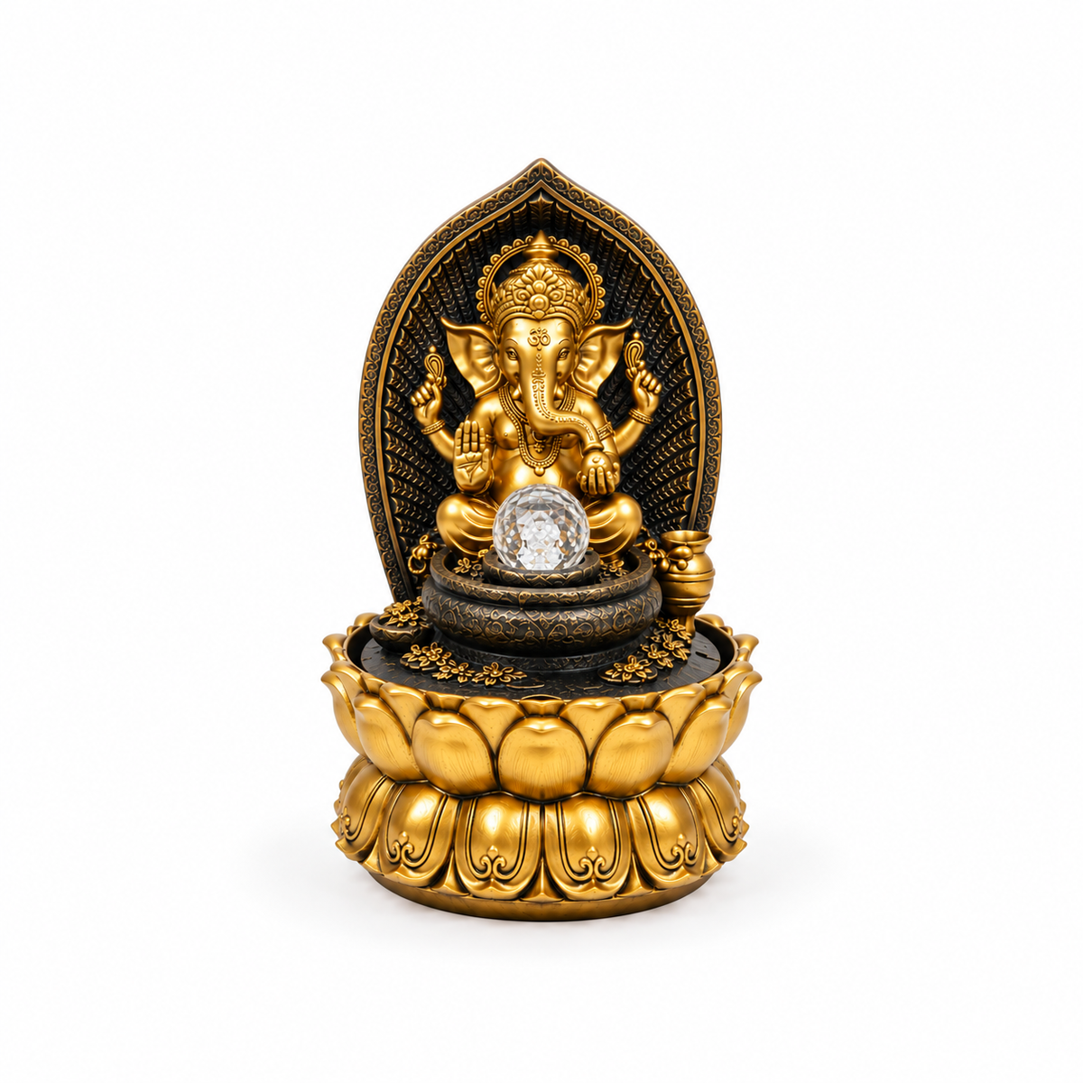 Pileta de Agua Ganesha Dorado con Esfera – Prosperidad y Abre Caminos