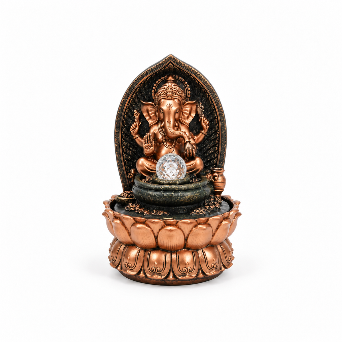 Pileta de Agua Ganesha Bronce con Esfera – Prosperidad y Abre Caminos