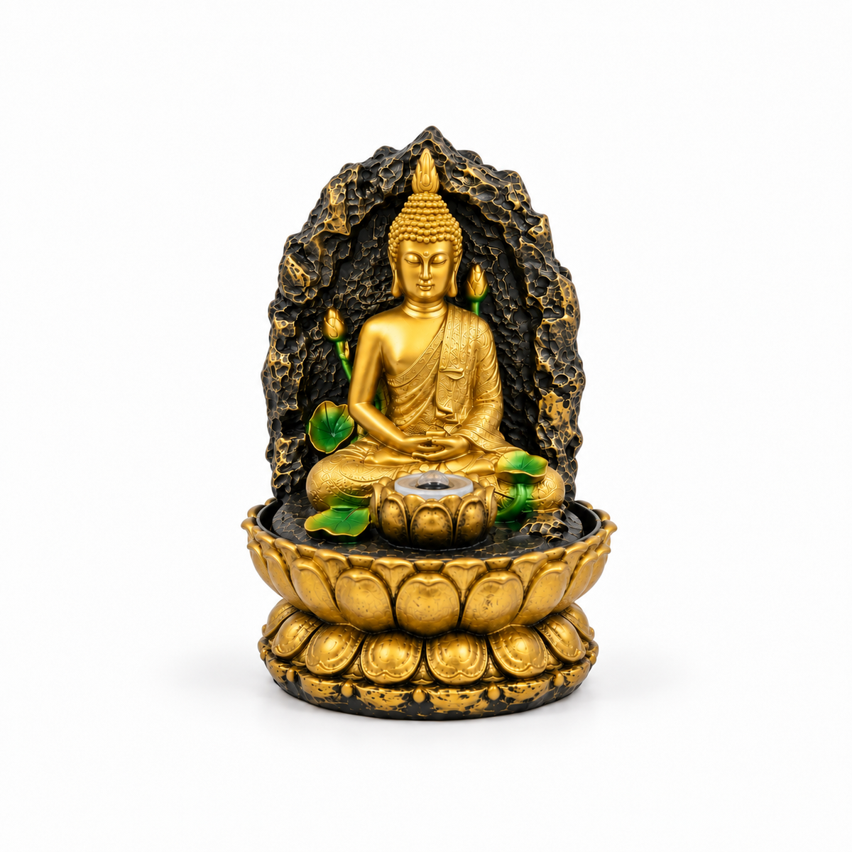 Pileta de Agua Buda Dorado con Flor de Loto – Fuente Decorativa Zen