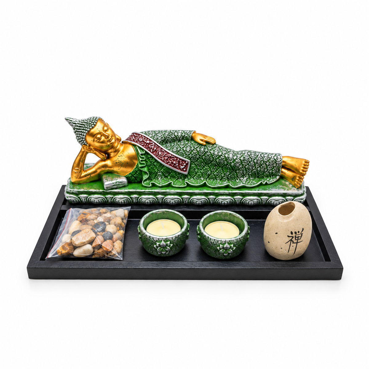 Kit Zen Buda Reclinado con Fuente de Agua – Set Decorativo de Meditación