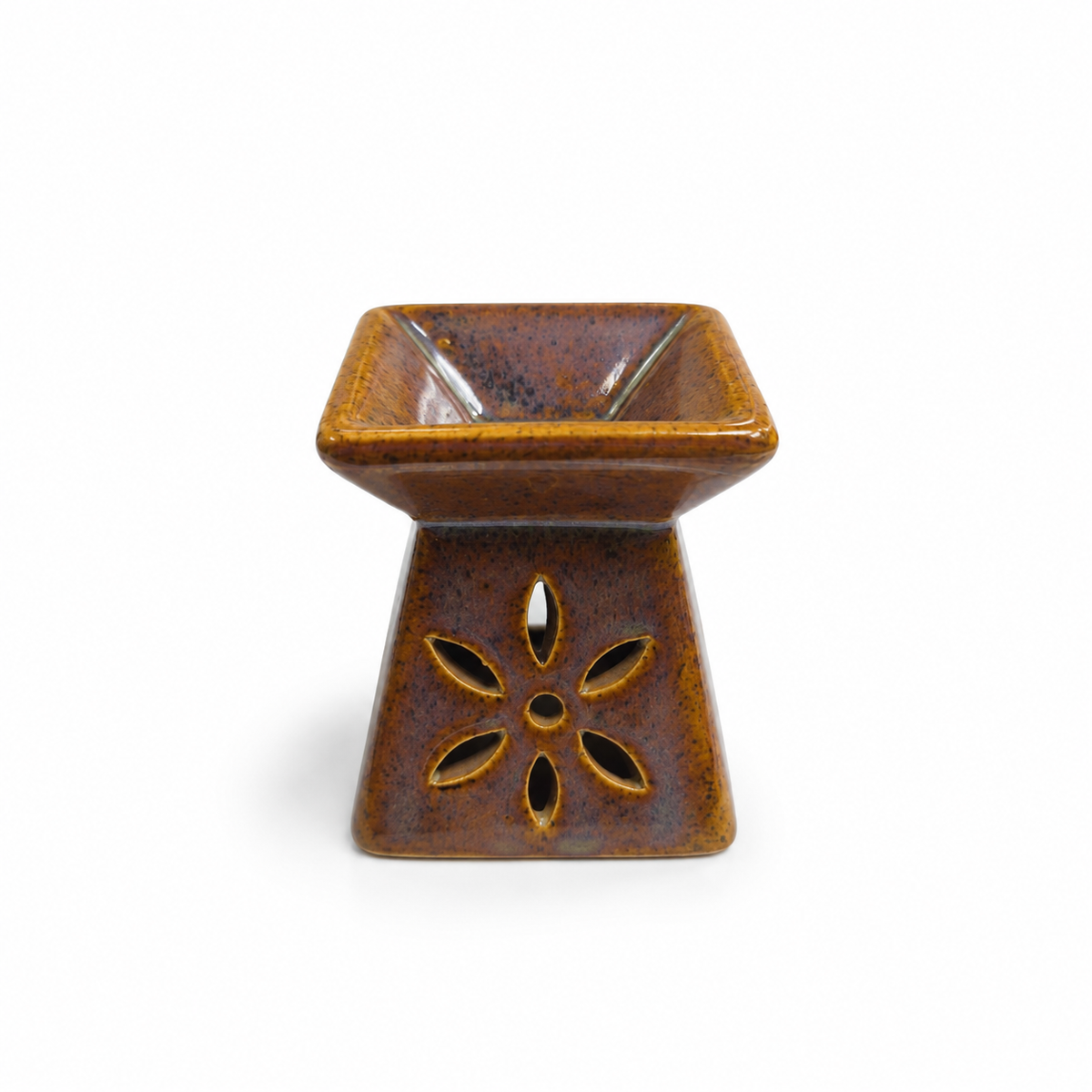 Quemador de Esencias de Cerámica con Flor Calada Marrón y Tono Azul Tornasol – 7.5 cm