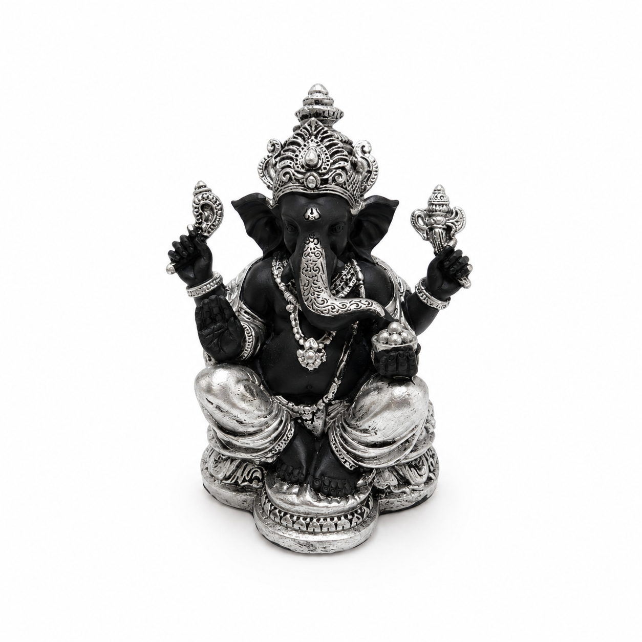 Ganesha Negro y Plateado  17 cm – Prosperidad, Sabiduría y Buena Fortuna