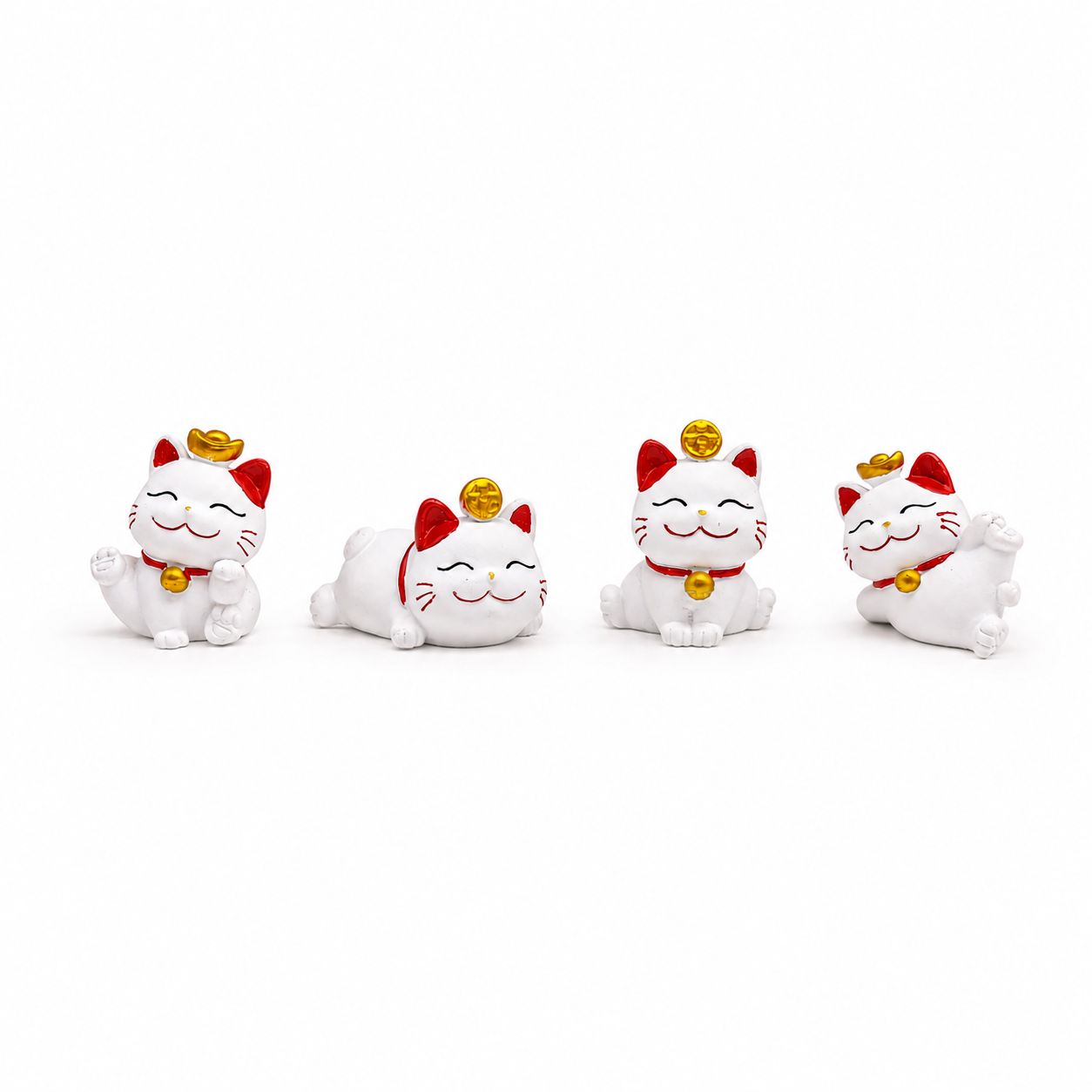 Set de 4 Gatos de la Suerte Maneki Neko Blancos – Prosperidad y Buena Fortuna