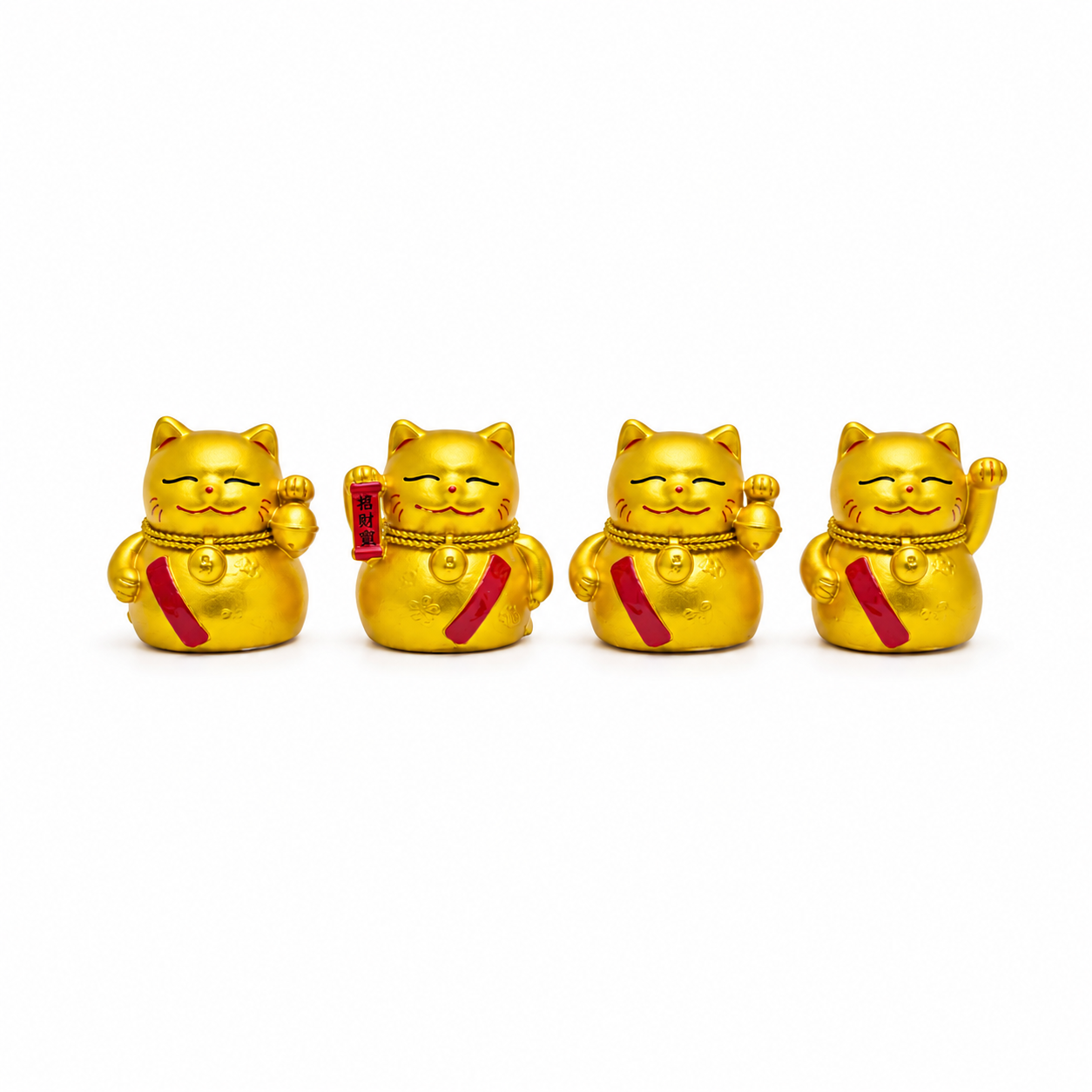 Set de 4 Gatos de la Suerte Maneki Neko Dorados – Prosperidad y Fortuna