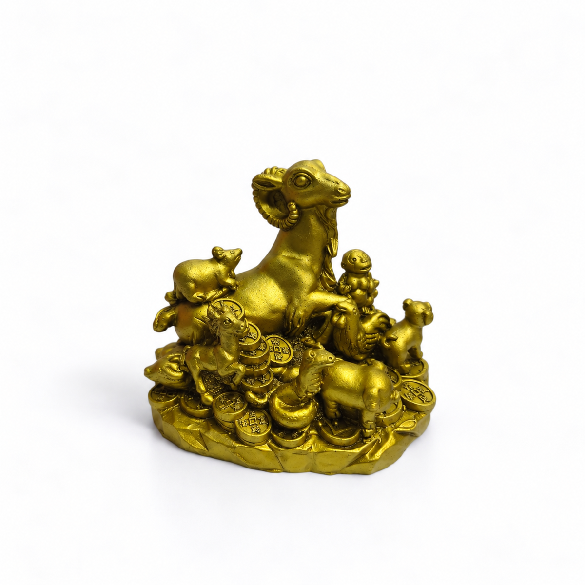 Cabra Dorada de la Abundancia con Animales y Monedas 9.5 × 6 cm