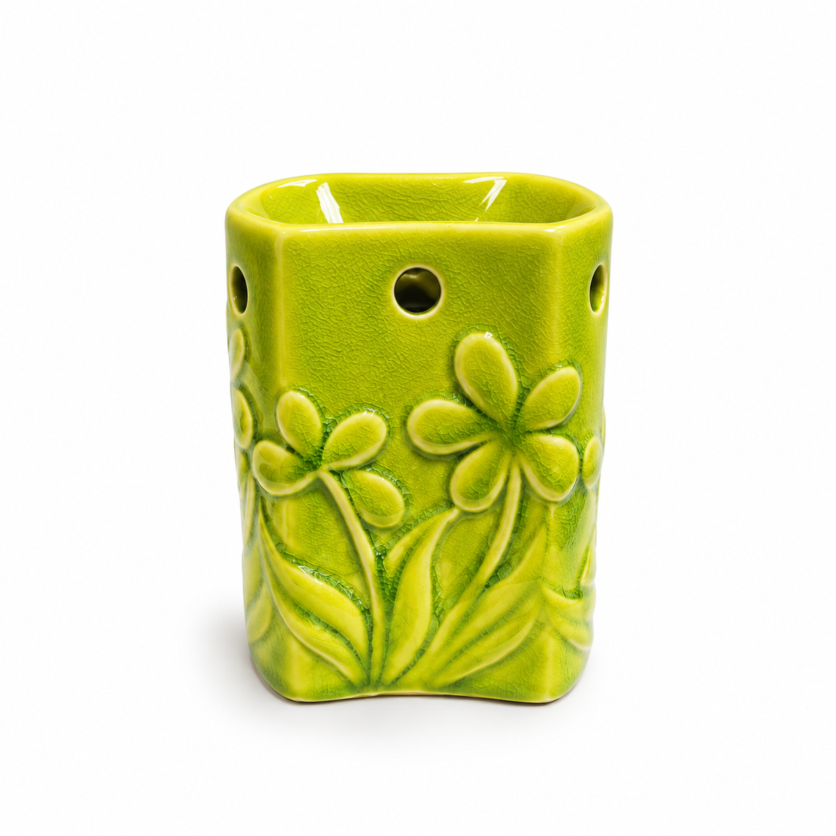 Quemador de Esencias de Cerámica Verde Limón con Flores – 10.5 cm