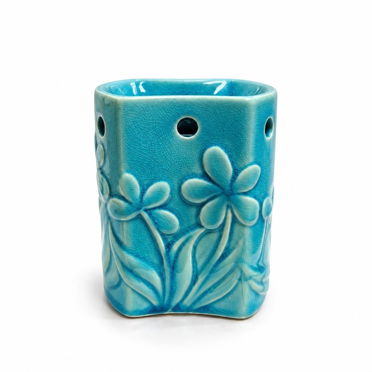 Quemador de Esencias de Cerámica Celeste con Flores – 10.5 cm