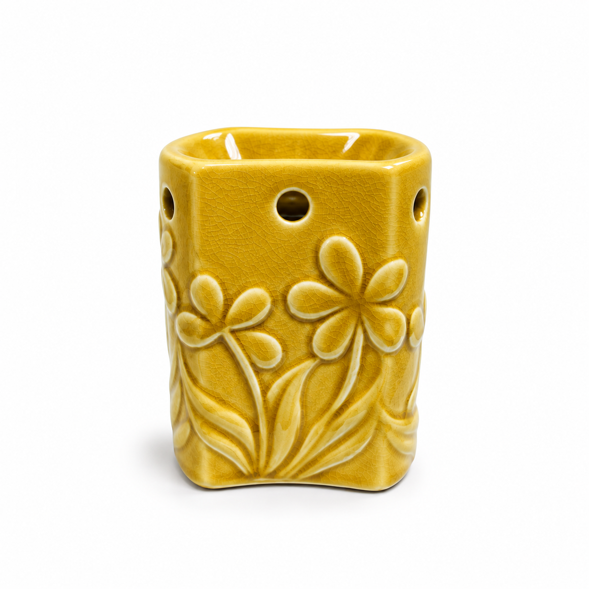Quemador de Esencias de Cerámica Mostaza con Flores – 10.5 cm