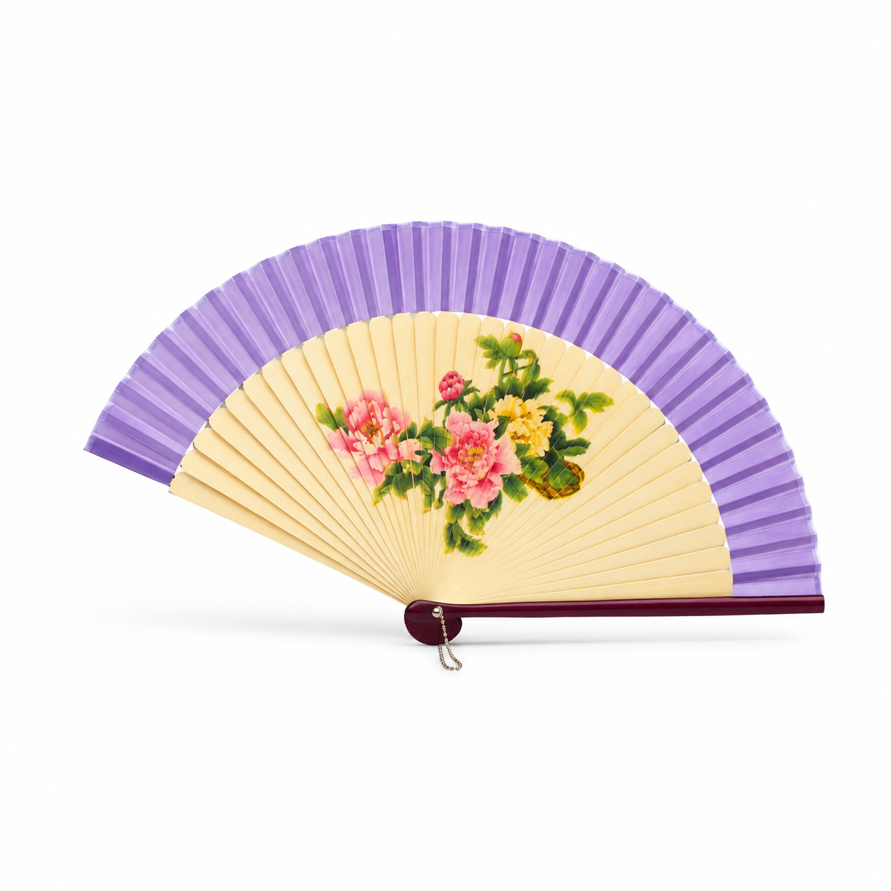 Abanico  de Madera Oriental Lila con Flores – Diseño Floral