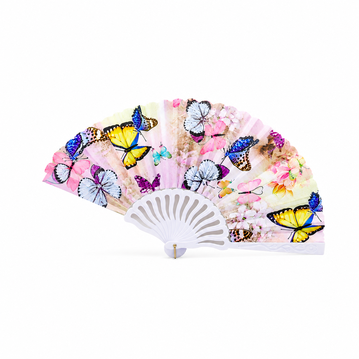 Abanico de Tela con Mariposas y Flores – Diseño Multicolor