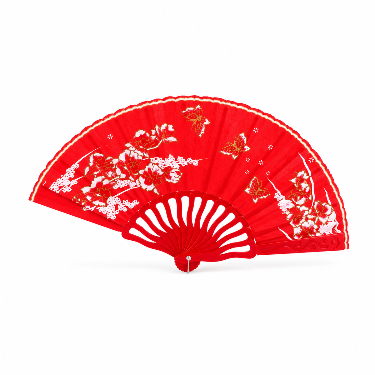 Abanico Rojo de Tela con Flores y Mariposas – Diseño Oriental