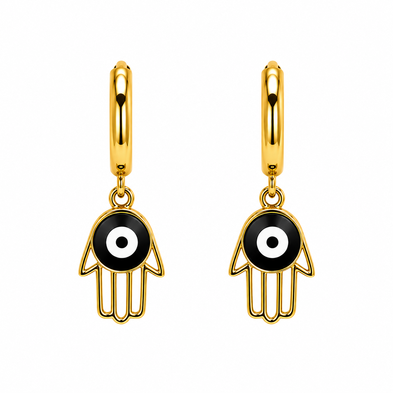 Aretes de Acero Mano de Hamsa con Ojo Turco Negro para Protección
