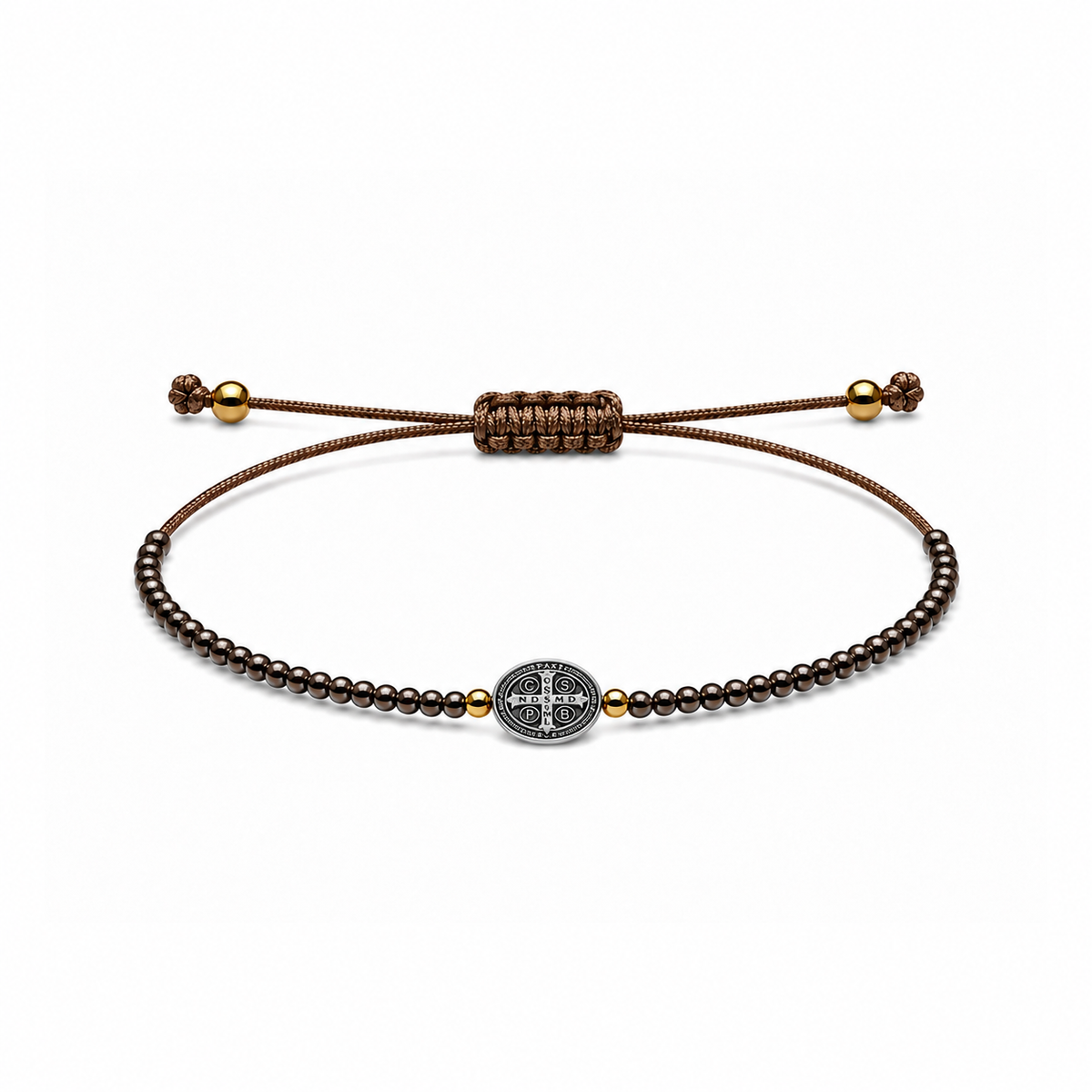 Pulsera Ajustable de San Benito con Mostacillas Marrones  – Medalla de Protección