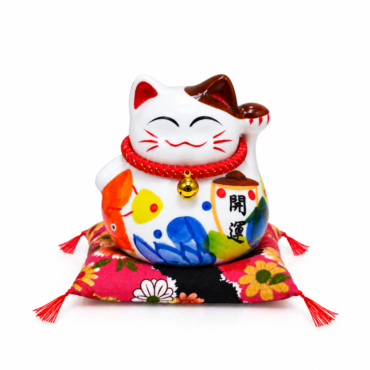 Alcancía Gato de la Suerte Maneki Neko Japonés con Cojín – Prosperidad y Fortuna