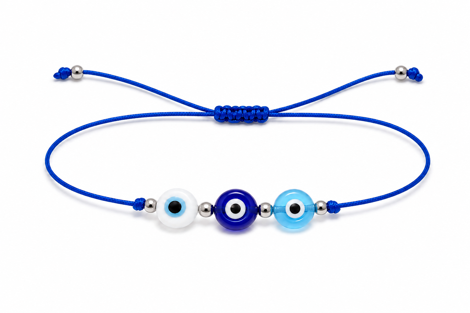 Pulsera Ajustable de Tres Ojos Turcos con Hilo Azul – Amuleto de Protección y Buena Energía