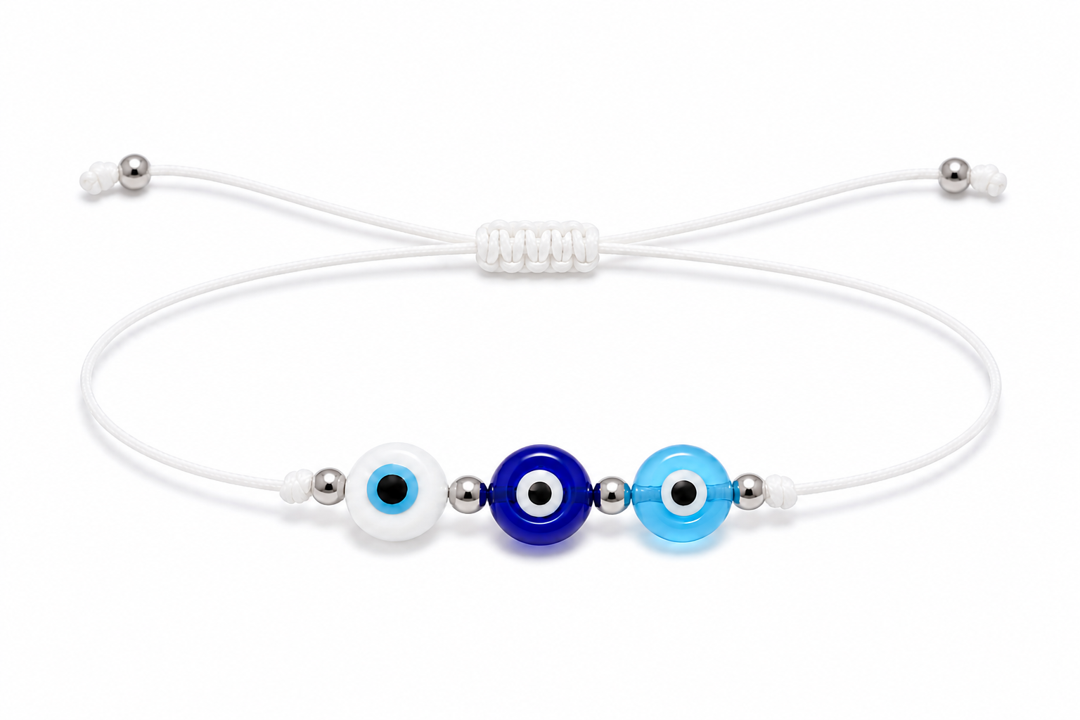 Pulsera Ajustable de Tres Ojos Turcos con Hilo Blanco – Amuleto de Protección y Armonía