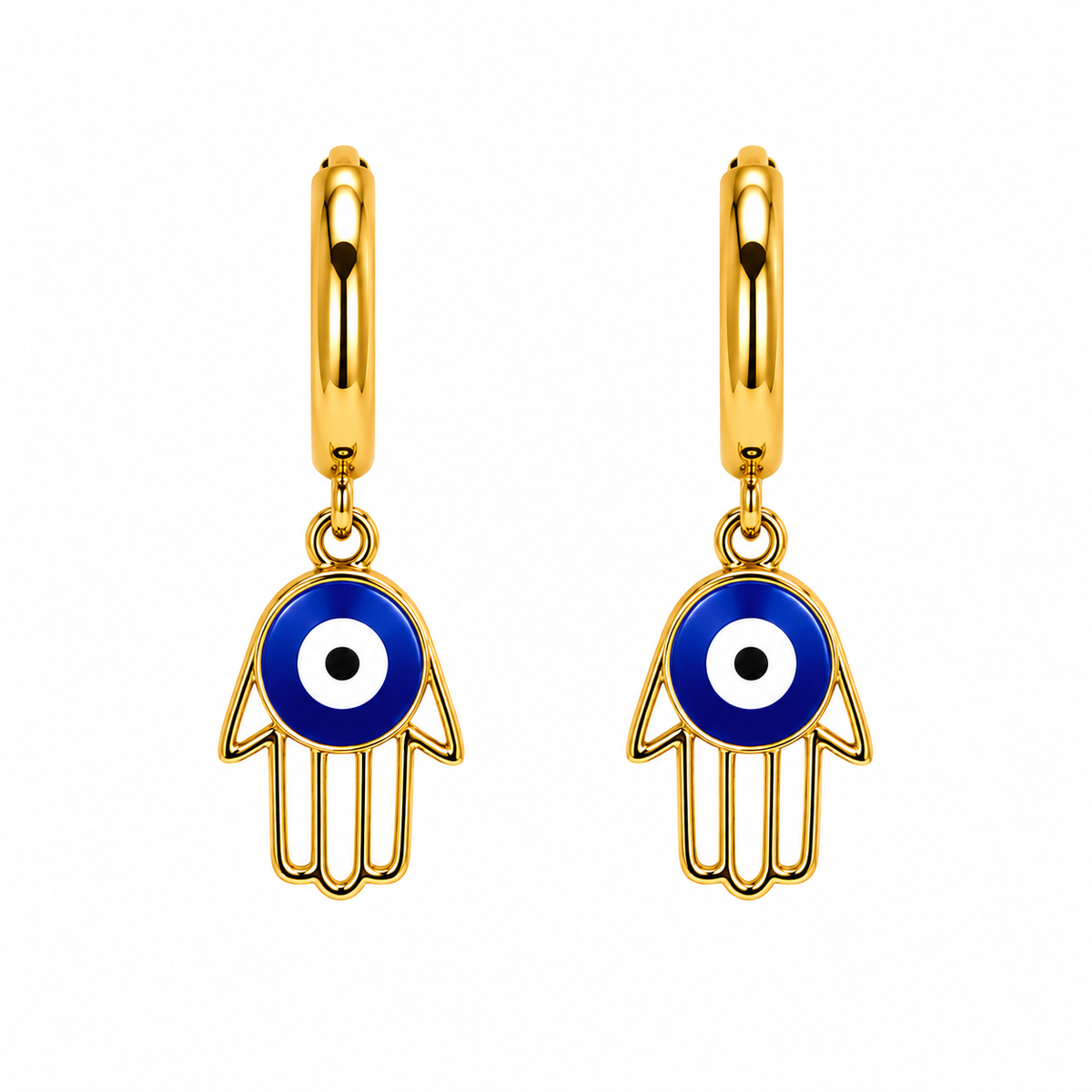 Aretes de Acero Dorado Mano de Fátima con Ojo Turco