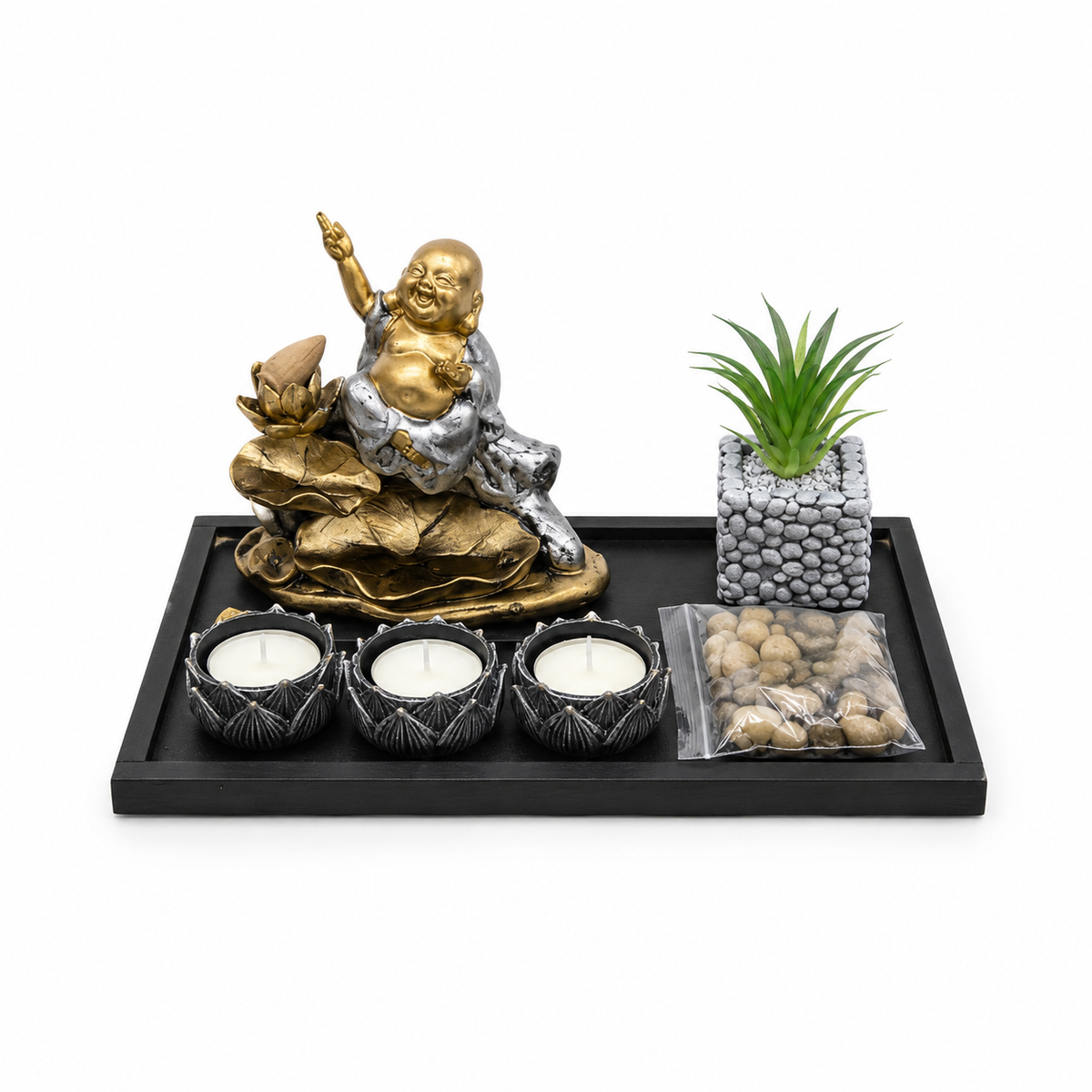 Buda de la Abundancia con Jardín Zen y Portavelas – Set Decorativo