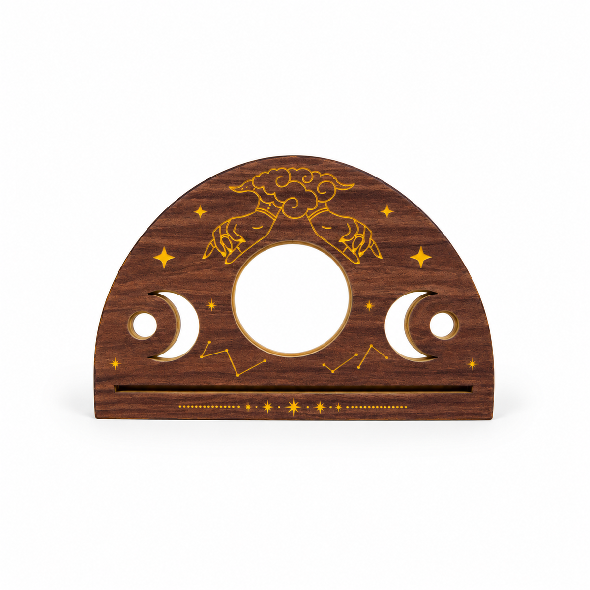 Soporte de Carta de Tarot de Madera – Diseño Manos Místicas y Lunas