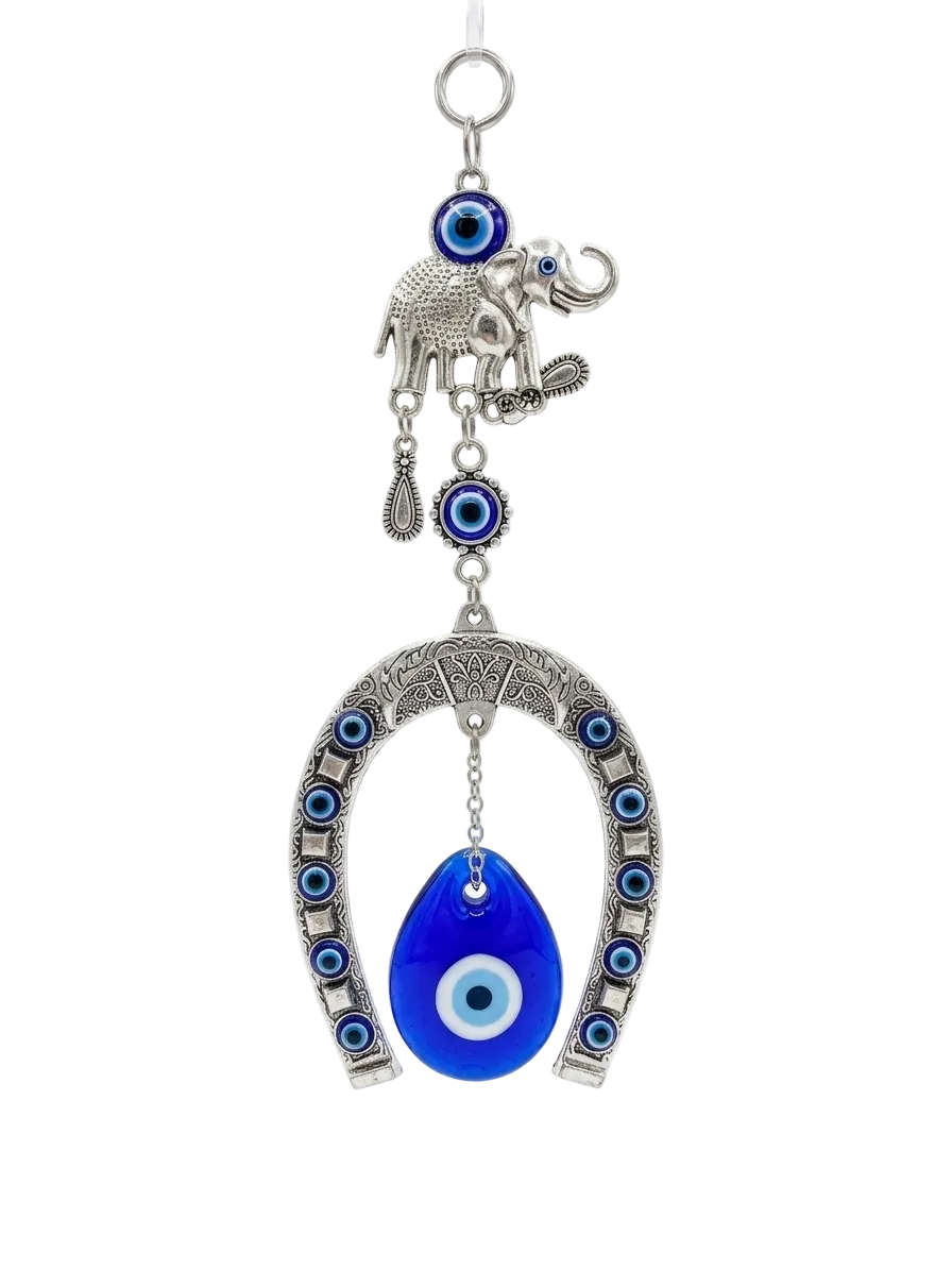 Amuleto  con Ojo Turco, Herradura y Elefante   – Suerte, Protección y Fortaleza Espiritual