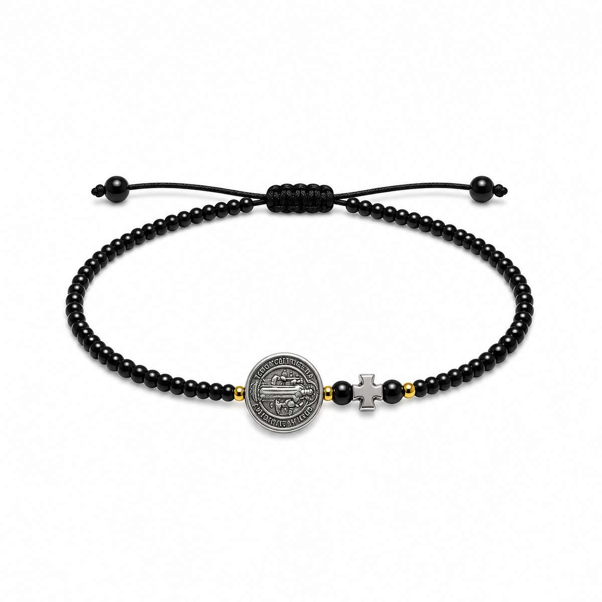 Pulsera Ajustable de San Benito con Cruz y Mostacillas Negras