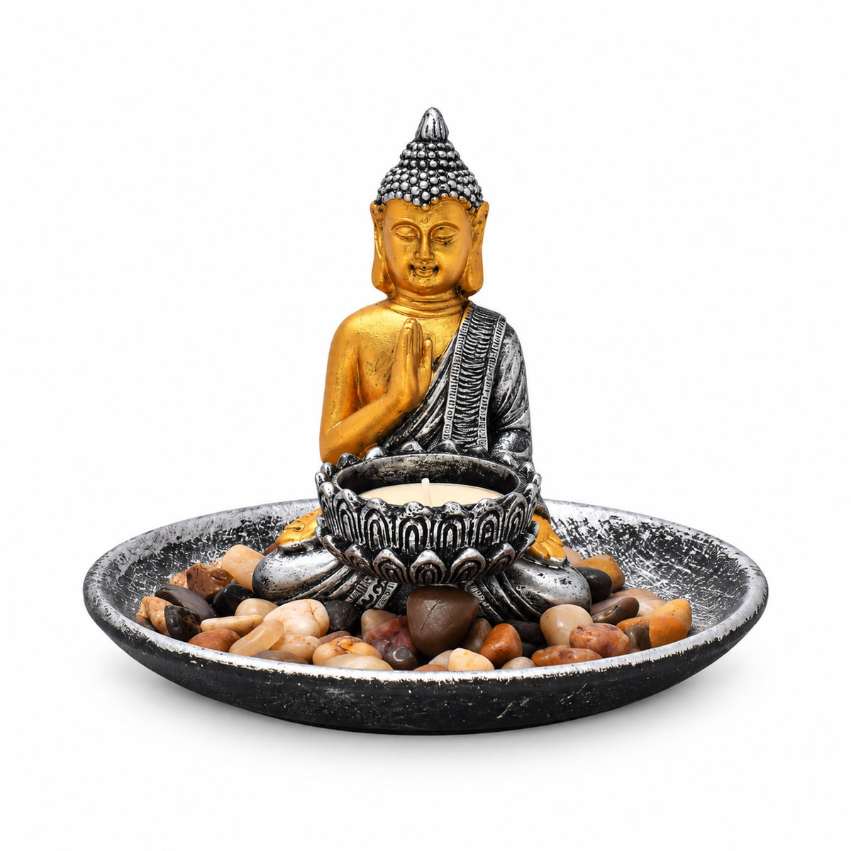 Portavela Buda Gautama en Gesto de Bendición – Dorado y Plateado