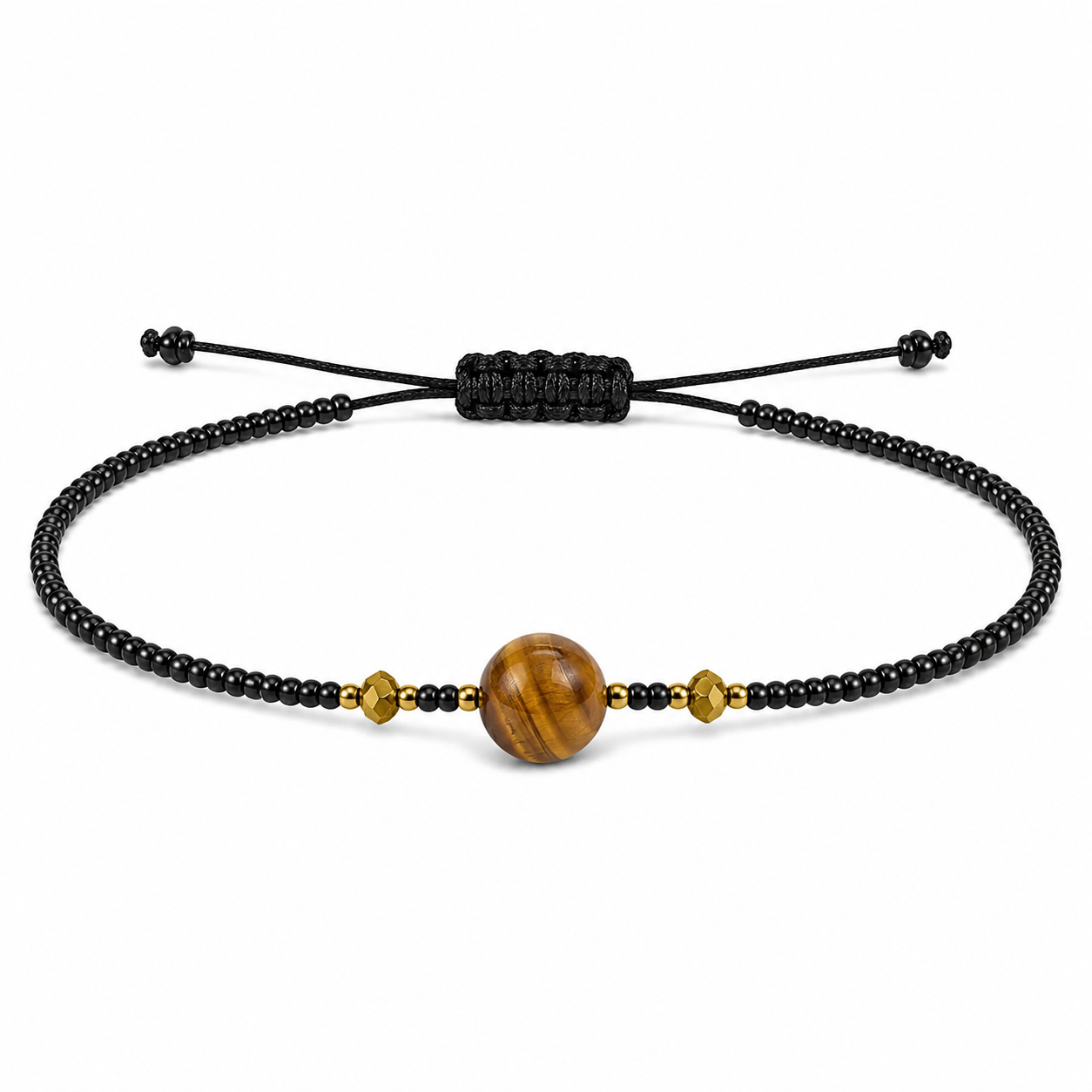 Pulsera Ajustable de Ojo de Tigre con Mostacillas Negras – Piedra Natural de Protección y Confianza