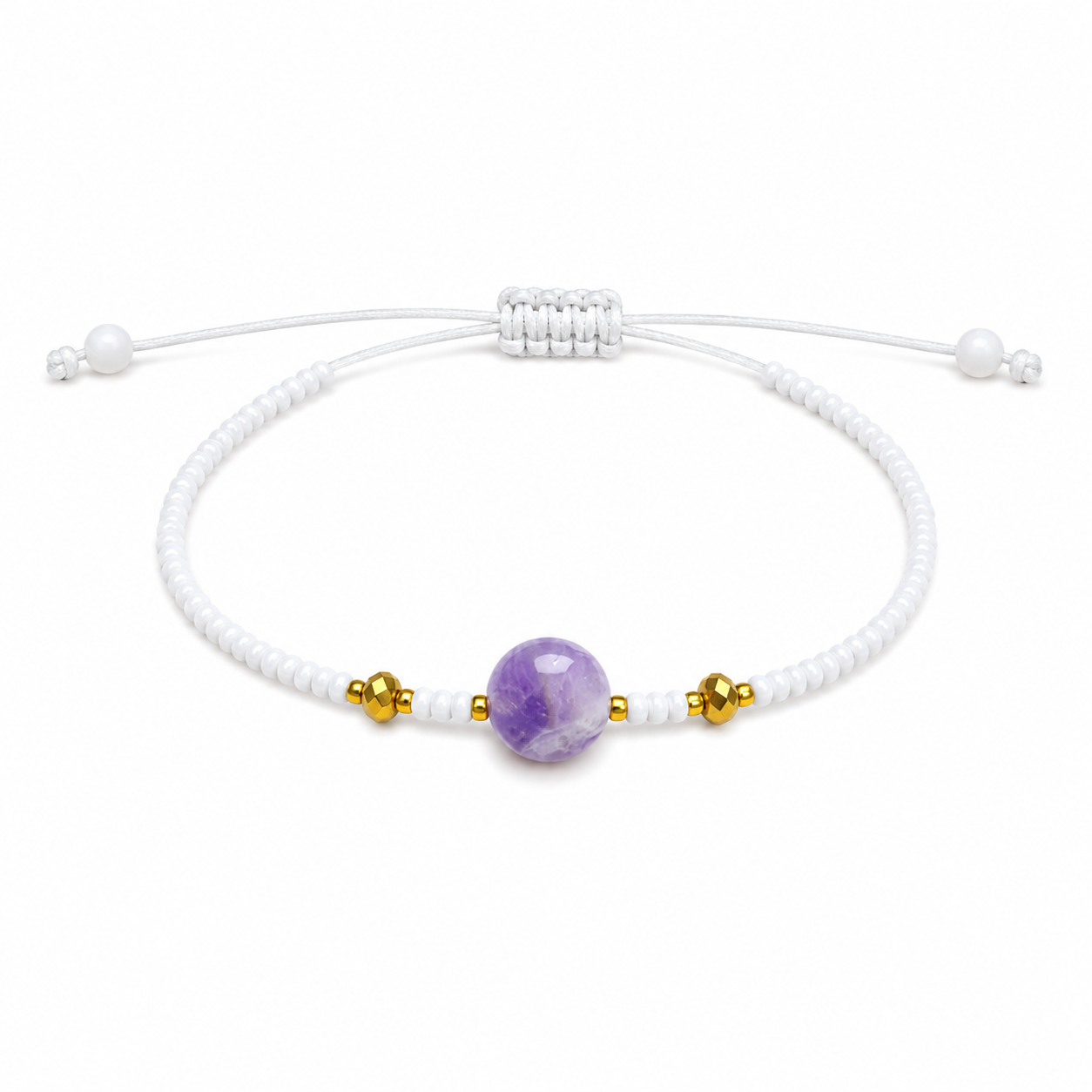 Pulsera Ajustable de Amatista con Mostacillas Blancas