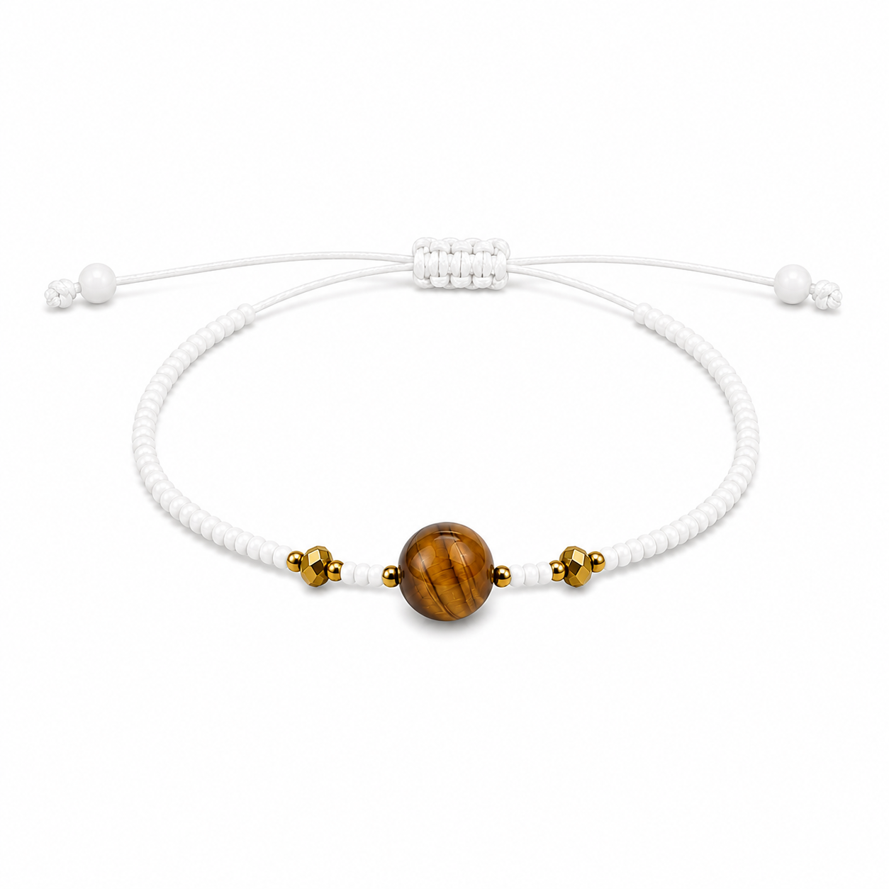 Pulsera Ajustable de Ojo de Tigre con Mostacillas Blancas