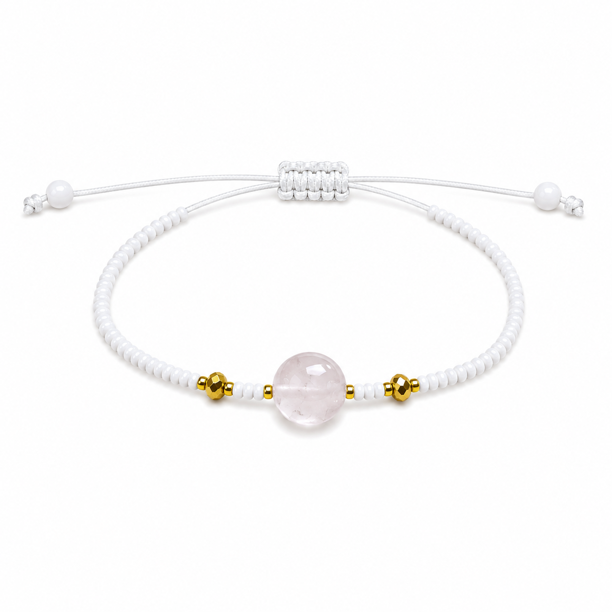 Pulsera Ajustable de Cuarzo Rosa con Mostacillas Blancas