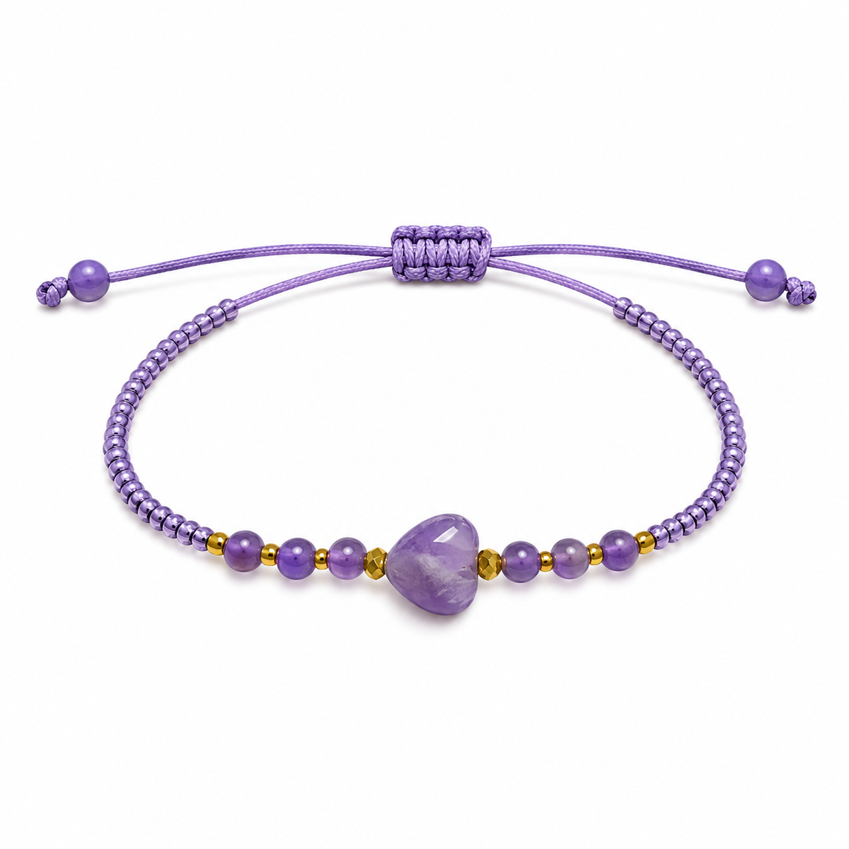 Pulsera Ajustable de Amatista con Corazón y Mostacillas Lila